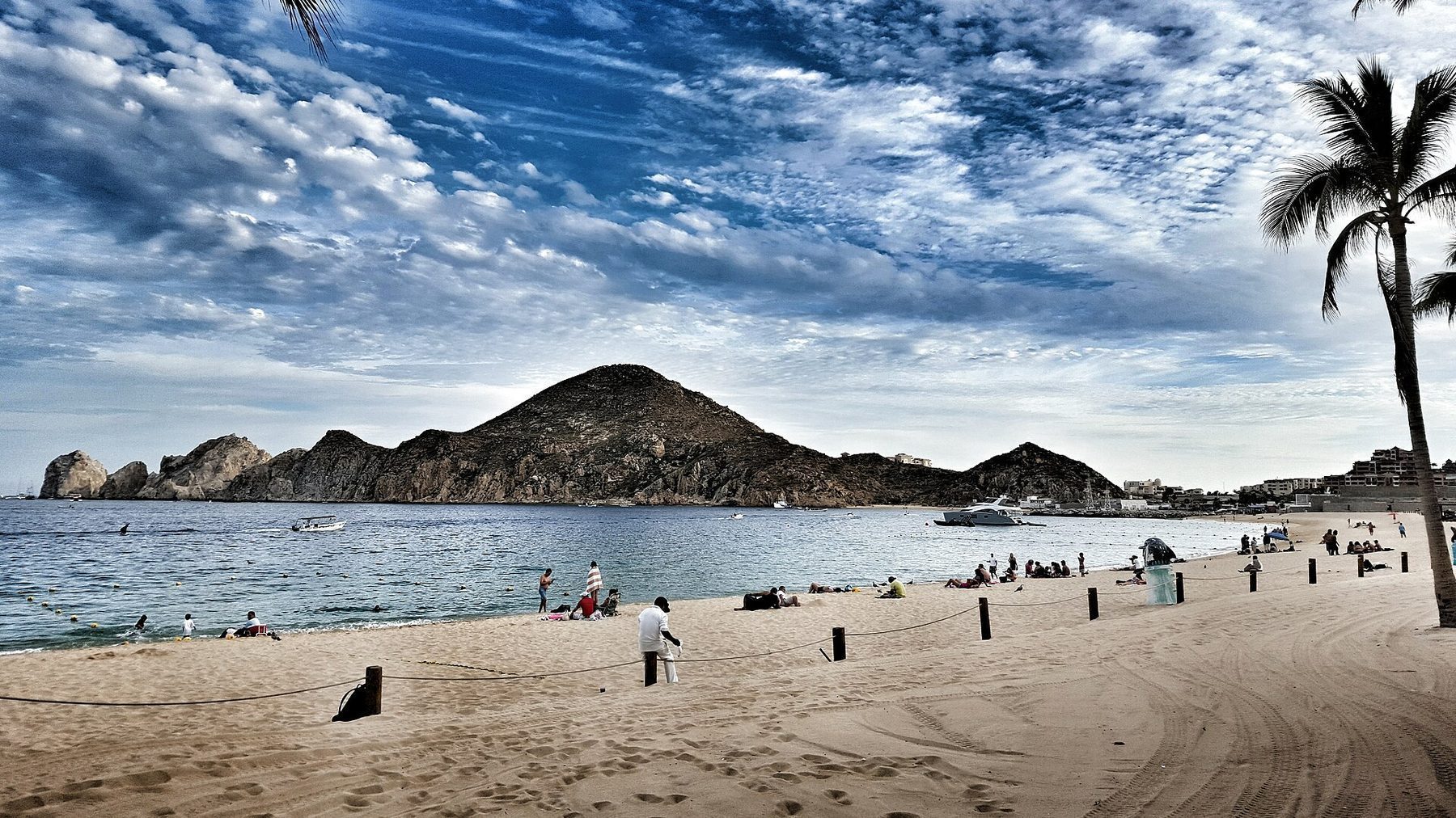 El Medano Beach in Cabo San Lucas with resort hotels and swimming beach