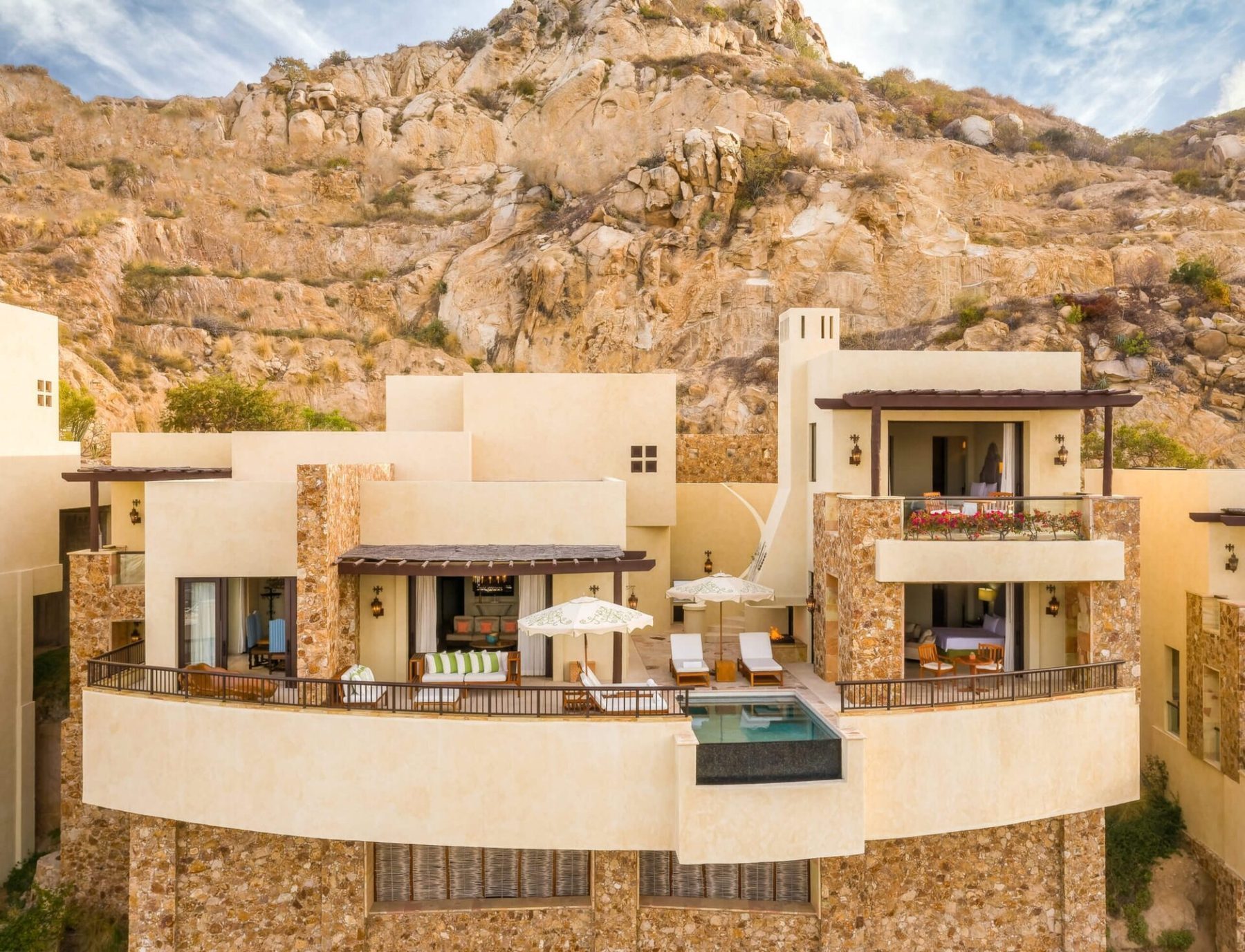 Cabo San Lucas Marina viewed from Pedregal hillside with luxury yachts and downtown waterfront restaurants