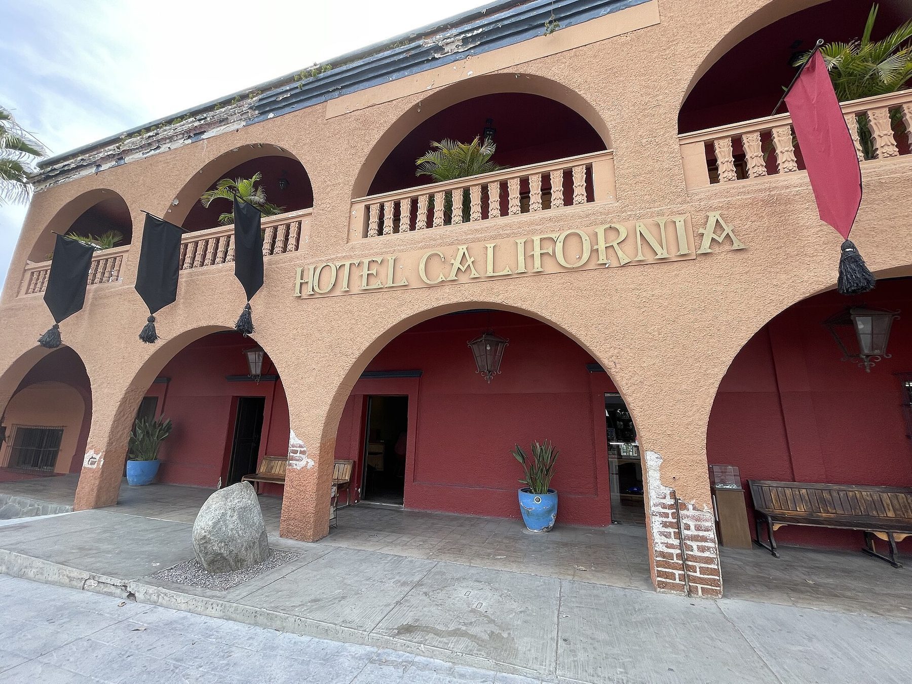 Todos Santos Pueblo Magico downtown with colonial architecture and desert mountains