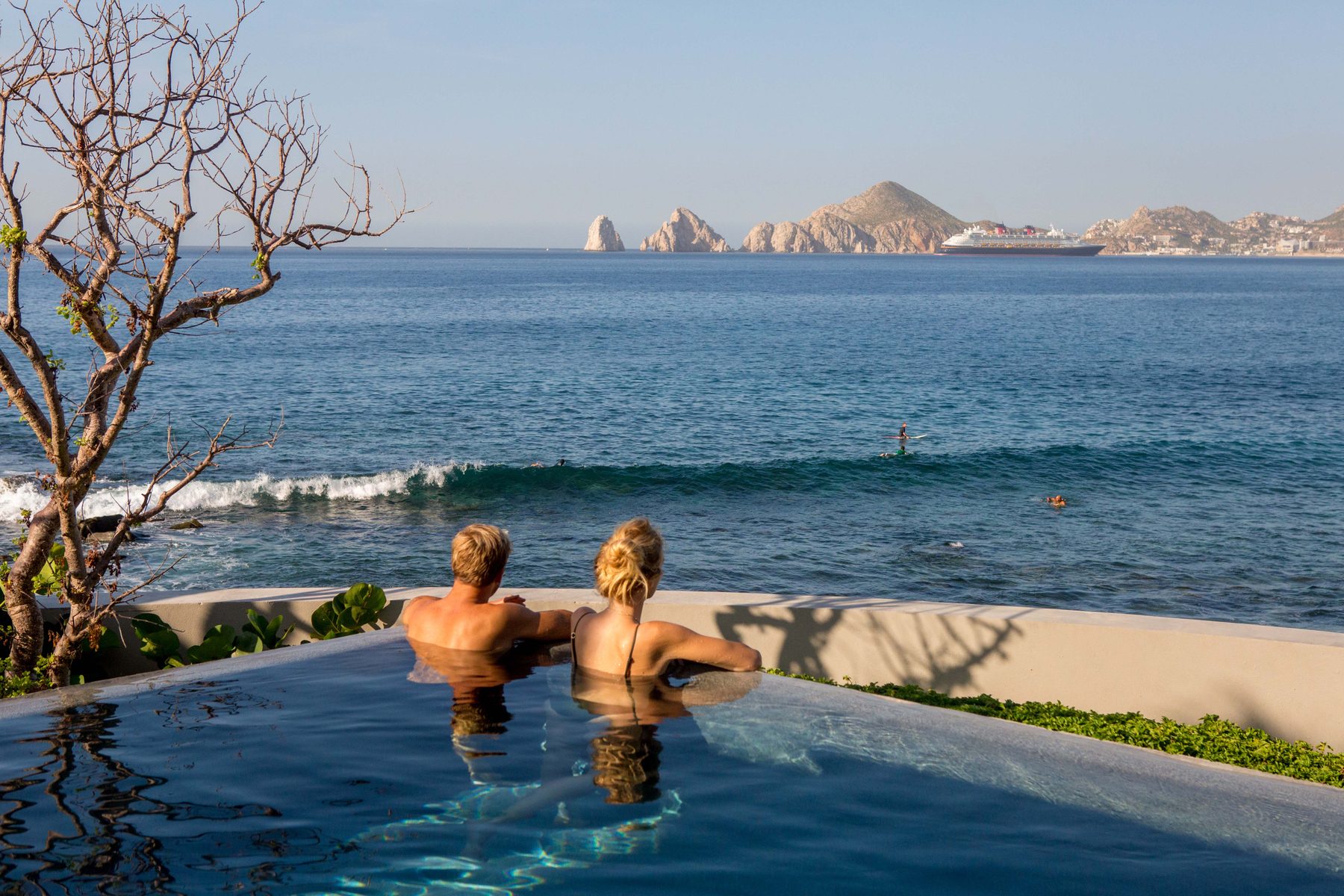 Relaxing in an infinity pool overlooking the Sea of Cortez in Los Cabos